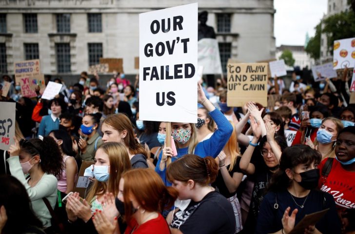 A level students protest opposite Downing Street, in London
