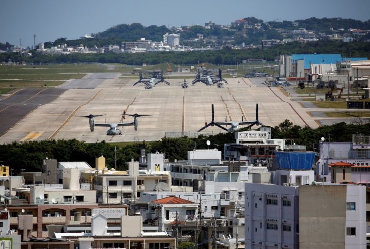 FILE PHOTO: U.S. Marine Corps MV-22 Osprey aircrafts are seen at the U.S. Marine Corps' Futenma Air Station in Ginowan on Japan's southernmost island of Okinawa