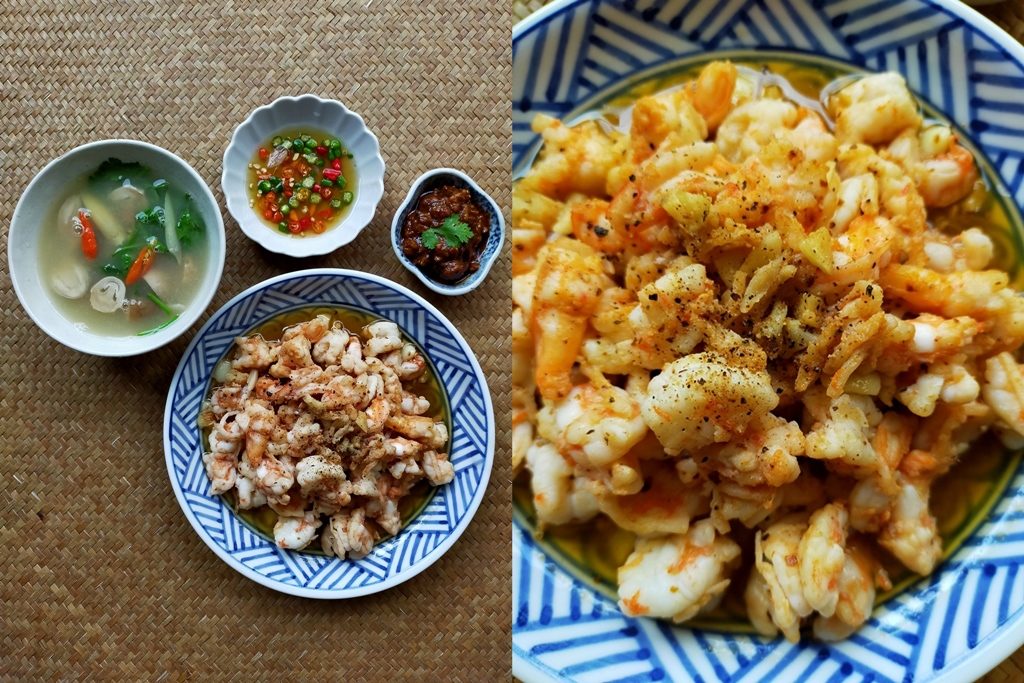 กุ้งทอดกระเทียมพริกไทย แต่งสำรับชุดเล็กไหหลำ โดย กฤช เหลือลมัย กุ้งทอดกระเทียมพริกไทย แต่งสำรับชุดเล็กไหหลำ โดย กฤช เหลือลมัย