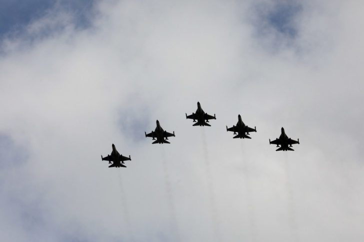 IDF aircraft fly in formation during an inauguration ceremony of a maintenance centre for F-16 fighter jets, in Taichung