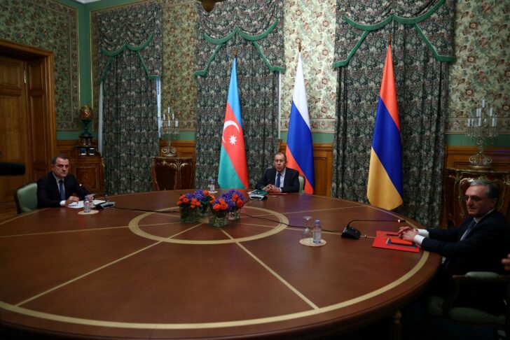Russian Foreign Minister Lavrov, Azeri Foreign Minister Bayramov and Armenian Foreign Minister Mnatsakanyan attend a meeting in Moscow