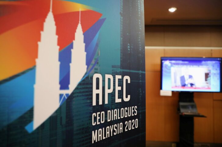 The logo of the APEC CEO Dialogues Malaysia 2020 is pictured at its command center in Kuala Lumpur