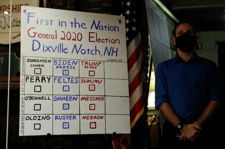 A board shows results of ballots cast shortly after midnight for the U.S. presidential election at the Hale House at Balsams Hotel in the hamlet of Dixville Notch, New Hampshire