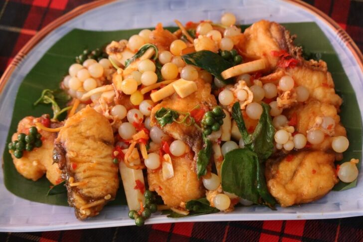 28J-JewTalewbin ผัดฉ่าเนื้อปลากะพงกับไข่ปลาเรียวเซียว