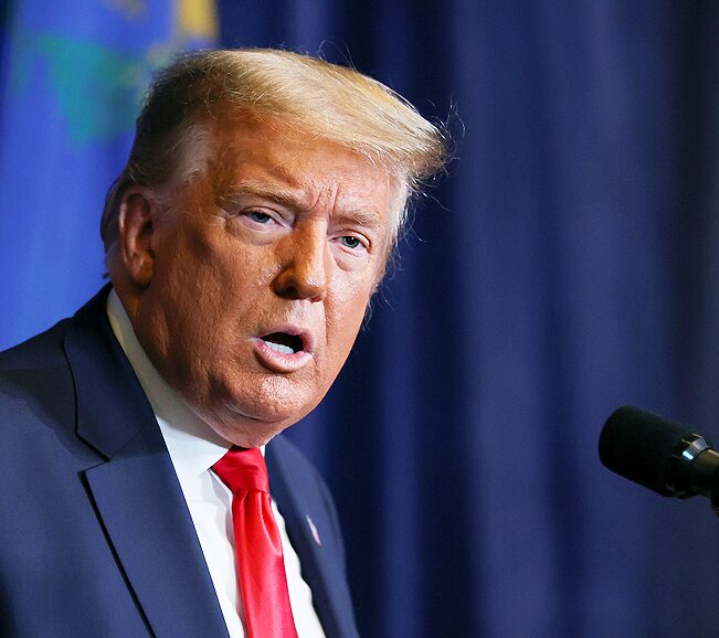 U.S. President Donald Trump delivers remarks at his hotel in Las Vegas