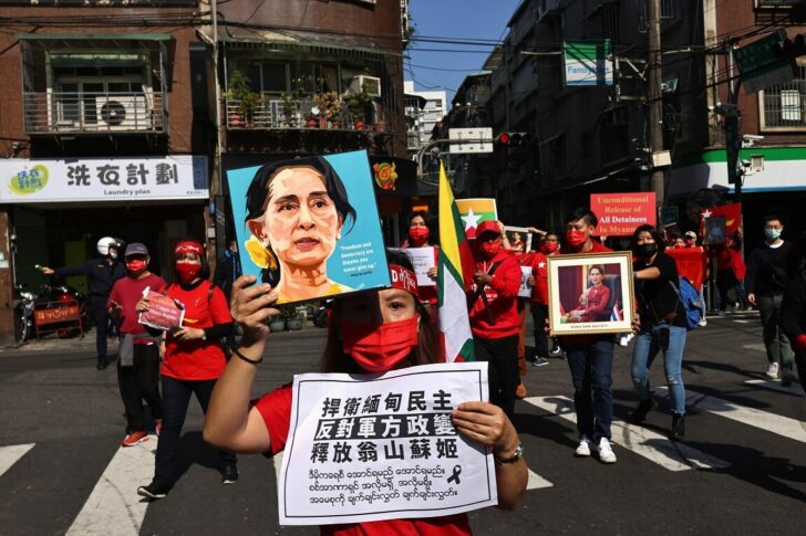 Members of the Burmese community in Taipei protest against the Myanmar military coup in Little Burma, home to many of Taiwan's Burmese immigrants, in Taipei