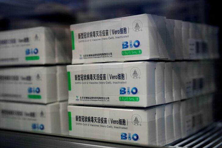 FILE PHOTO: Sinopharm's China National Biotec Group (CNBG) vaccine boxes at a vaccination site in Shanghai