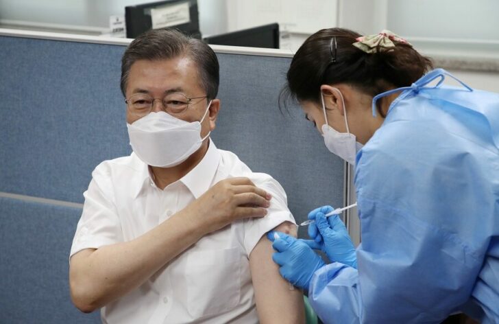 South Korean President Moon Jae-in receives a coronavirus disease (COVID-19) vaccine in Seoul