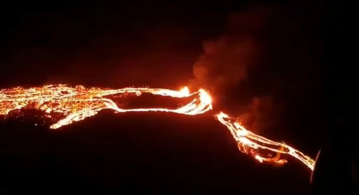 A volcanic eruption is seen in Fagradalsfjall, Reykjanes, Iceland