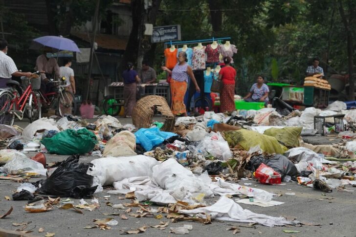 People use trash to protest in Yangon, Myanmar