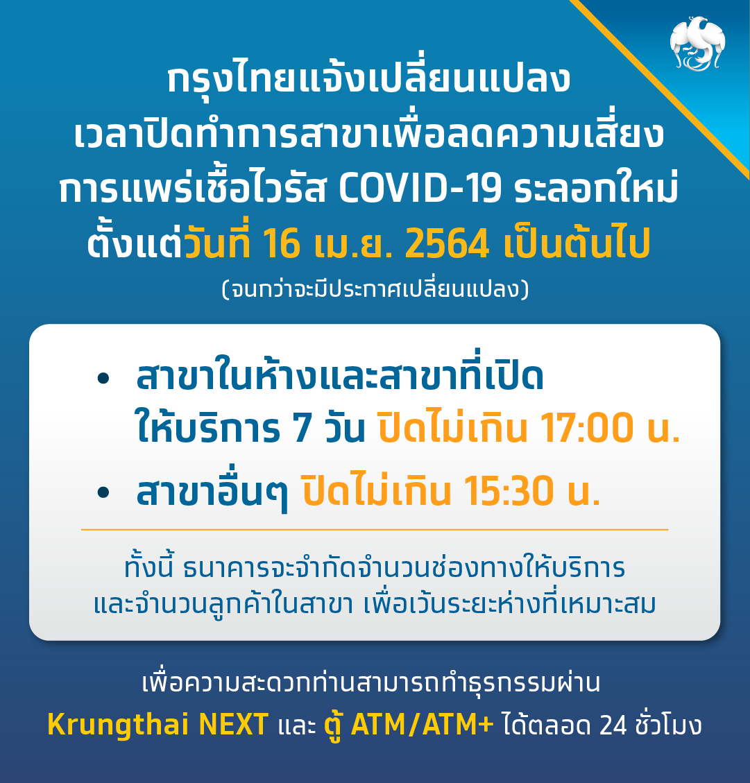 ธนาคารเลื่อนเวลาเปิด-ปิด สาขาในห้างไม่เกิน 5 โมงเย็น เริ่ม 16 เม.ย. ธนาคารเลื่อนเวลาเปิด-ปิด สาขาในห้างไม่เกิน 5 โมงเย็น เริ่ม 16 เม.ย.