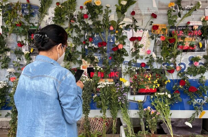 Flowers hang during a nationwide campaign against military coup in Yangon