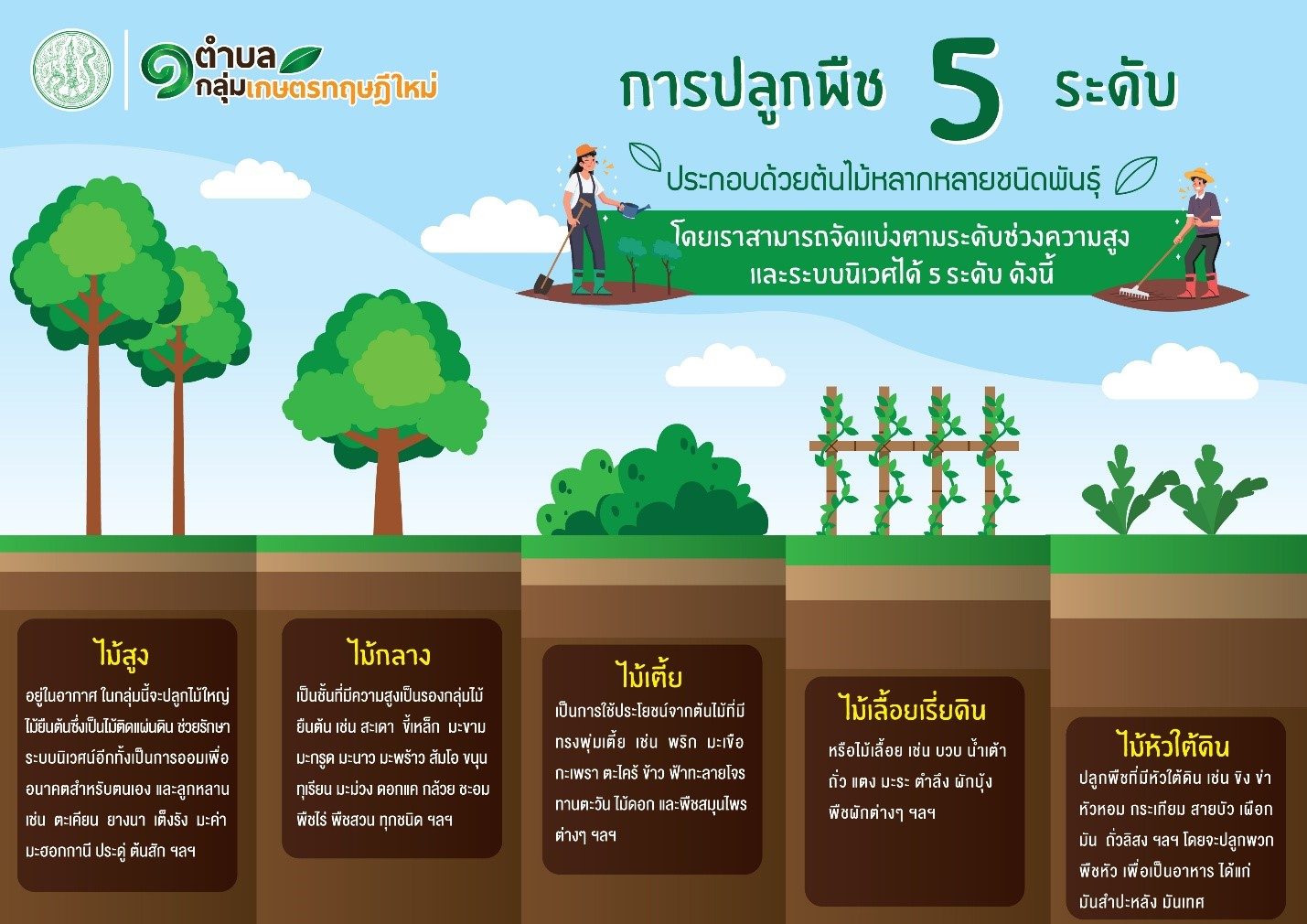 ก.เกษตร แนะเกษตรกรในโครงการ 1 ตำบล 1 กลุ่มเกษตรทฤษฎีใหม่ ปลูกพืช 5 ระดับ พืชชนิดที่เกื้อกูลกัน และพึ่งพาอาศัยกันได้ ก.เกษตร แนะเกษตรกรในโครงการ 1 ตำบล 1 กลุ่มเกษตรทฤษฎีใหม่ ปลูกพืช 5 ระดับ พืชชนิดที่เกื้อกูลกัน และพึ่งพาอาศัยกันได้