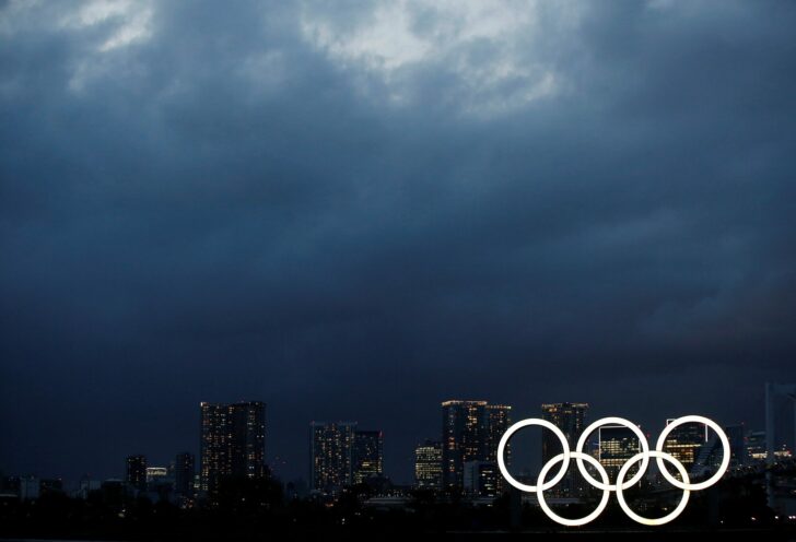An Olympic rings monument is pictured in the waterfront area at Odaiba Marine Park in Tokyo