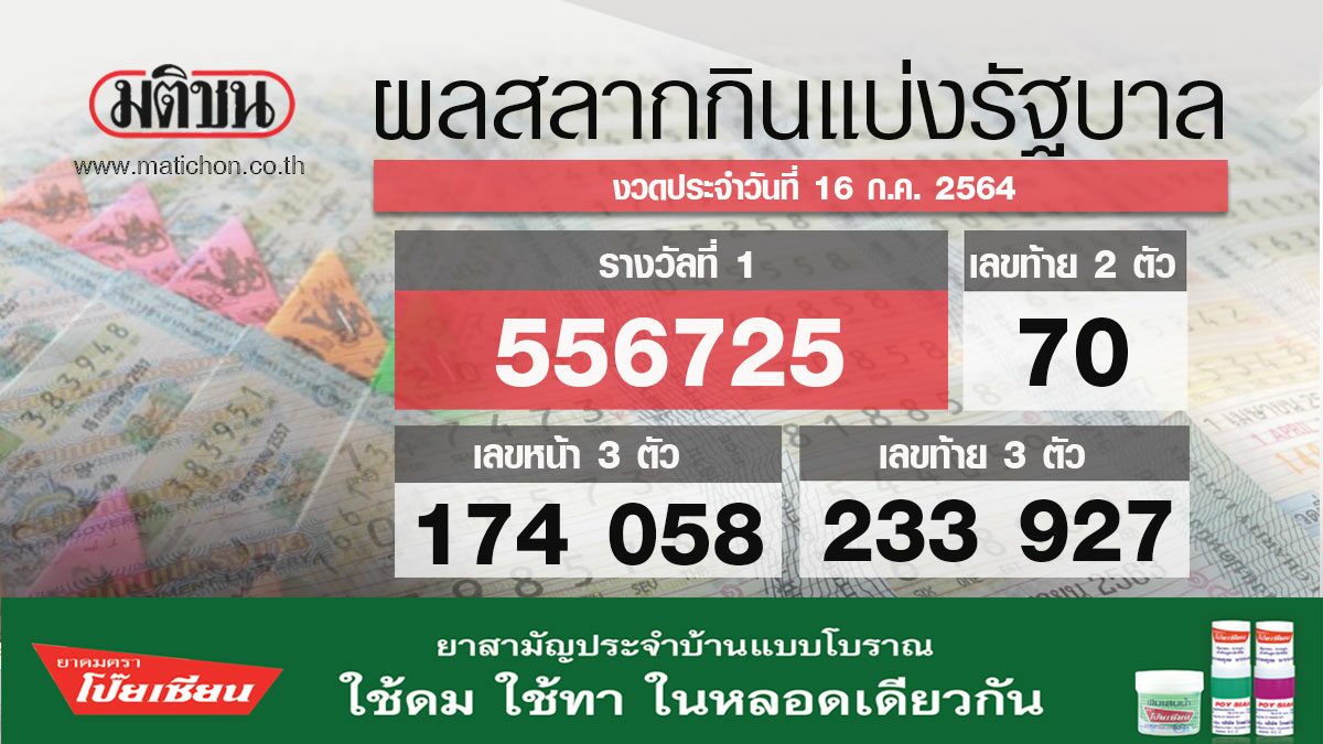 à¸•à¸£à¸§à¸ˆà¸«à¸§à¸¢ à¸œà¸¥à¸ªà¸¥à¸²à¸à¸ à¸™à¹à¸š à¸‡à¸£ à¸à¸šà¸²à¸¥ 16 à¸ à¸„ 2564