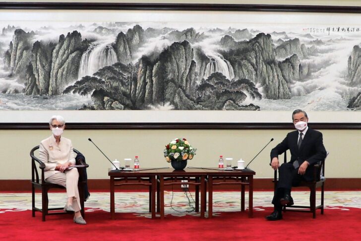Handout picture of U.S. Deputy Secretary of State Wendy Sherman meeting Chinese State Councilor and Foreign Minister Wang Yi in Tianjin