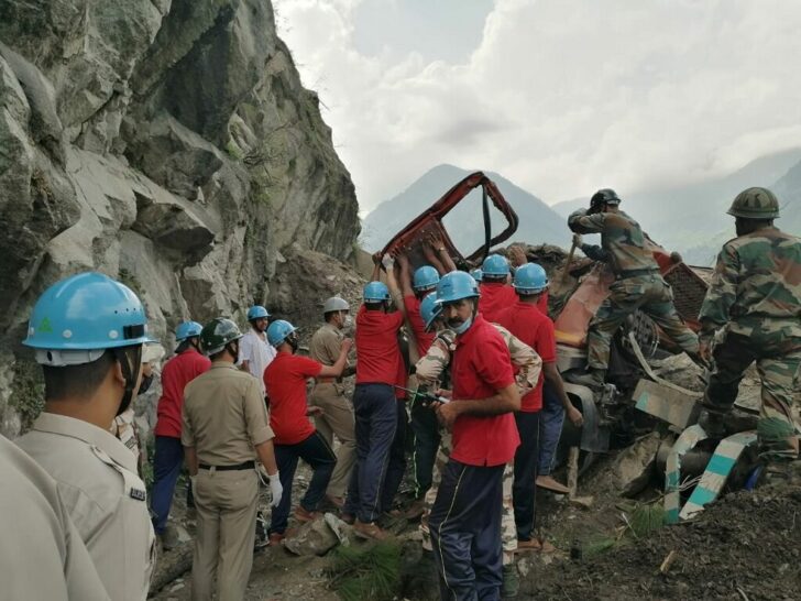 Indo-Tibetan Border Police (ITBP) rescue operation at the site of a landslide in Kinnaur district