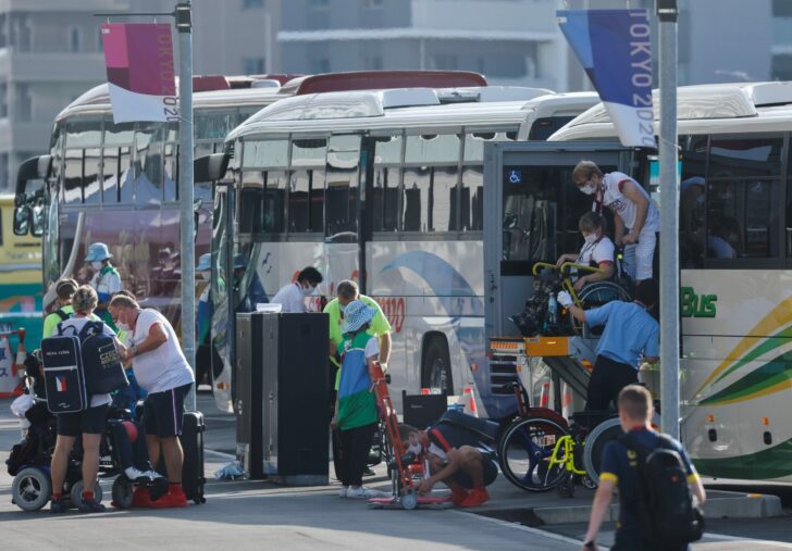 Athletes and team officials arrive at the athletes' village for Tokyo 2020 Paralympic Games in Tokyo