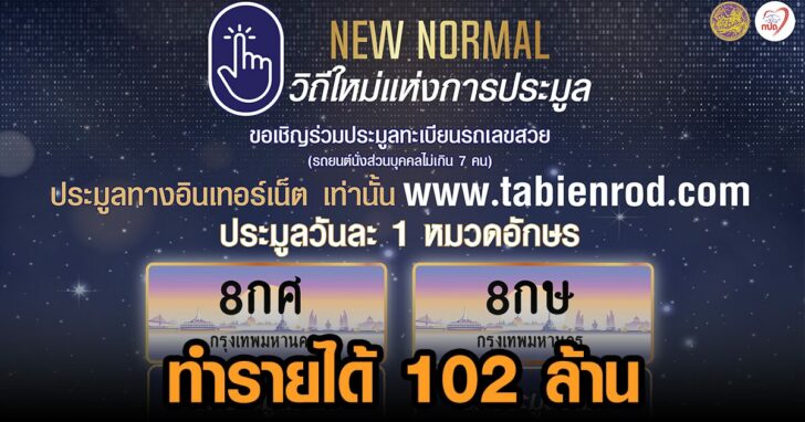 .ขนส่งทางบกเผยประมูลทะเบียนรถเลขสวย กทม. 2 หมวดอักษร ทำรายได้เข้ากองทุนกว่า 102 ล้านบาท.