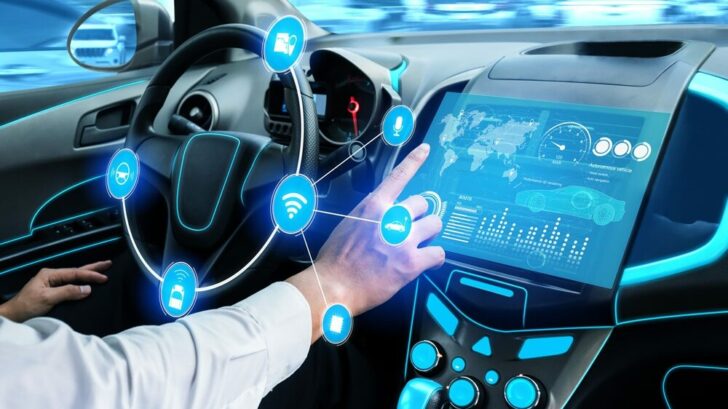 Driverless car interior with futuristic dashboard for autonomous control system