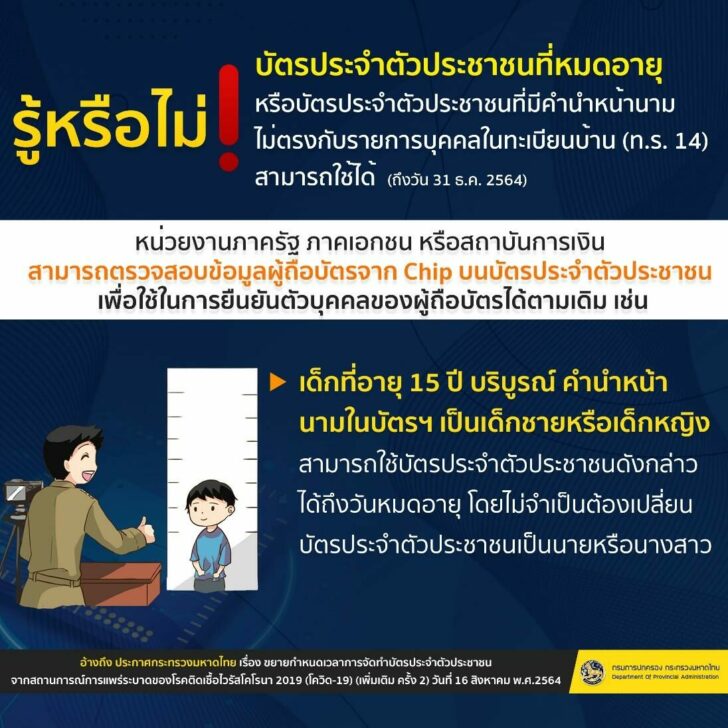 กรมการปกครอง กระทรวงมหาดไทย อำนวยความสะดวกให้กับพี่น้องประชาชนโดยการขยายกำหนดเวลาการจัดทำบัตรประจำตัวประชาชนไปจนถึงวันที่ 31 ธันวาคม 2564