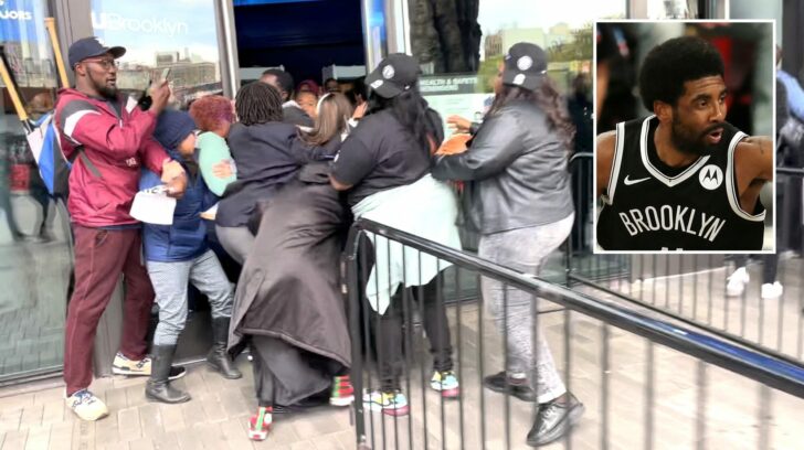 Demonstrators rush through the doors of the Barclays Center in New York