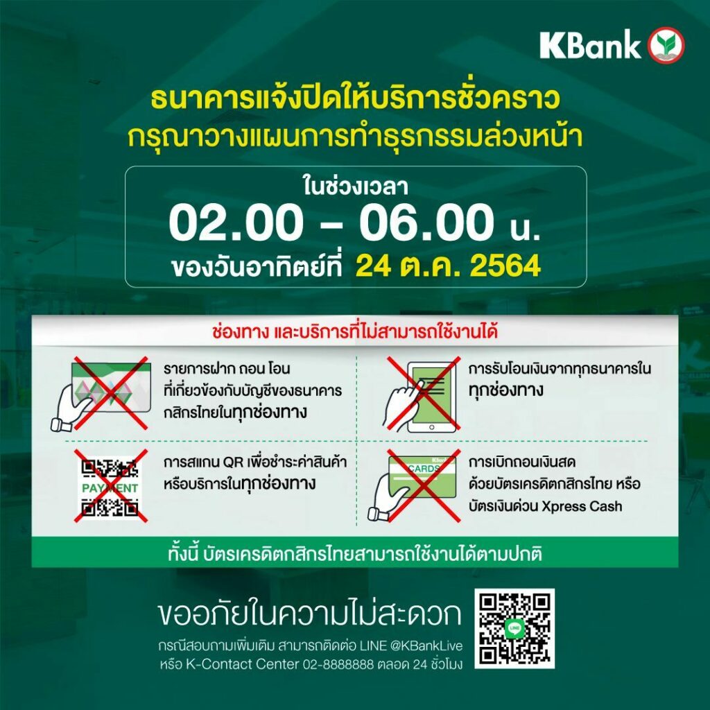 กสิกร แจ้งปิดให้บริการชั่วคราว 02.00-06.00 น. วันอาทิตย์ งดฝาก ถอน โอน  ทุกช่องทาง