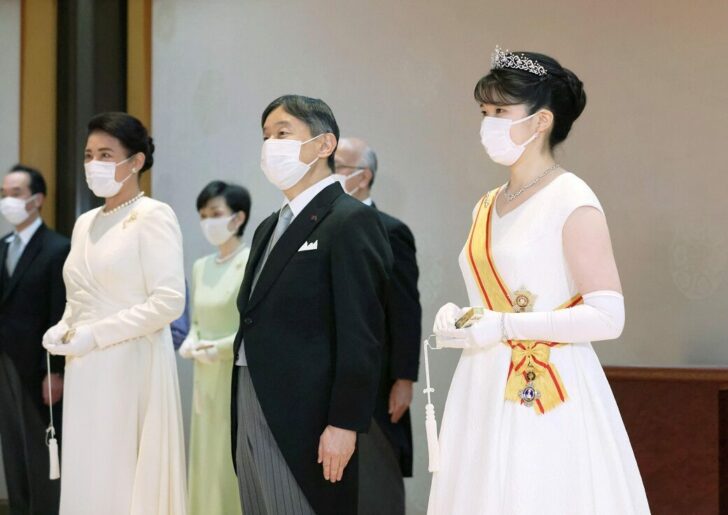 Japan's Emperor Naruhito, Empress Masako and Princess Aiko attend an event to receive congratulatory greetings for Aiko's coming of age at the Imperial Palace in Tokyo