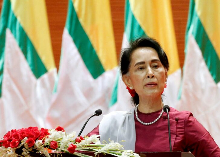 FILE PHOTO: Myanmar State Counselor Aung San Suu Kyi delivers a speech to the nation over the Rakhine and Rohingya situation in Myanmar
