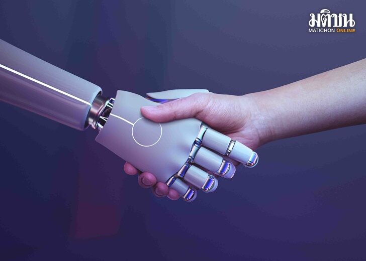Robot handshake human background, futuristic digital age