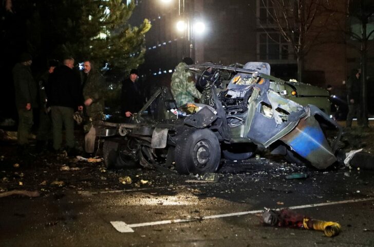 A view shows a wreckage of a car that according to the local authorities was blown up in Donetsk