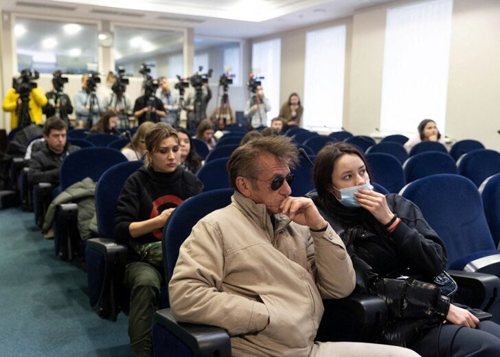 Actor and director Sean Penn attends a press briefing at the Presidential Office in Kyiv