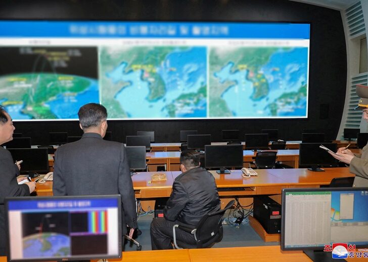 North Korean leader Kim Jong Un inspects North Korea's National Aerospace Development Administration after recent satellite system tests, in Pyongyang
