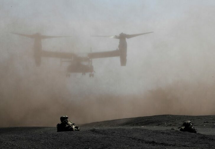 Members of the Japanese Self-Defense Force’s Amphibious Rapid Deployment Brigade take part in a joint airborne landing exercise with U.S. Marine Corps members, in Gotemba