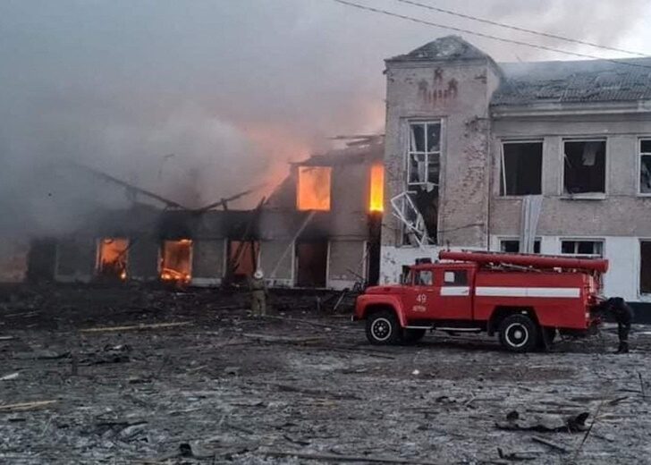 A view shows a school building destroyed by an airstrike in the town of Merefa
