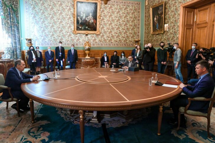 Russia's Foreign Minister Sergei Lavrov attends a meeting with representatives of the self-proclaimed Donetsk and Lugansk republics in Moscow