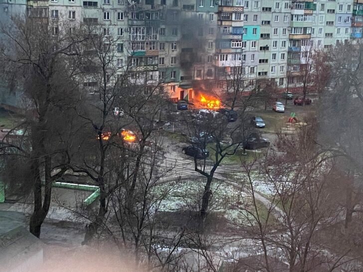 FILE PHOTO: Fire is seen in Mariupol at residential area after shelling