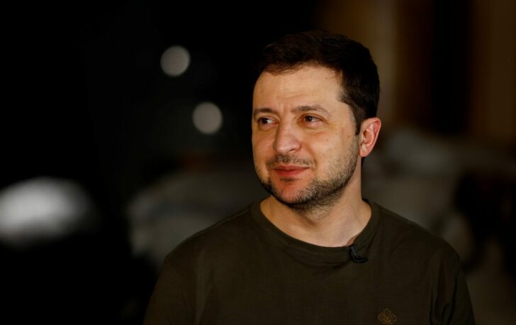 Ukrainian President Volodymyr Zelenskiy talks during an interview with Reuters in Kyiv