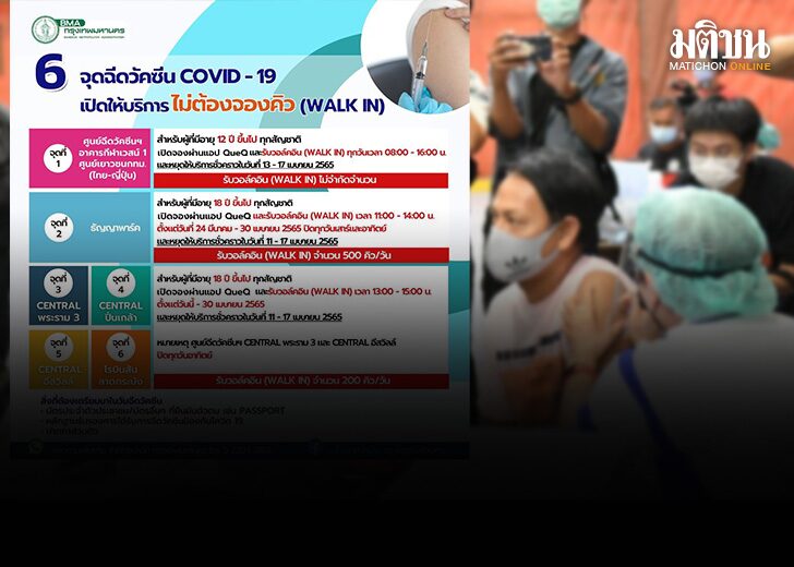 เช็กเลย! กทม.เปิด 6 จุด วอล์กอิน รับวัคซีนโควิด-19 ทุกเข็ม