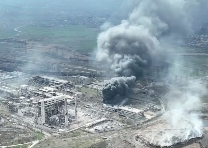 Smoke rises above Azovstal steelworks, in Mariupol