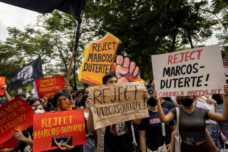 Students and protesters rally against Philippine election results, in Manila