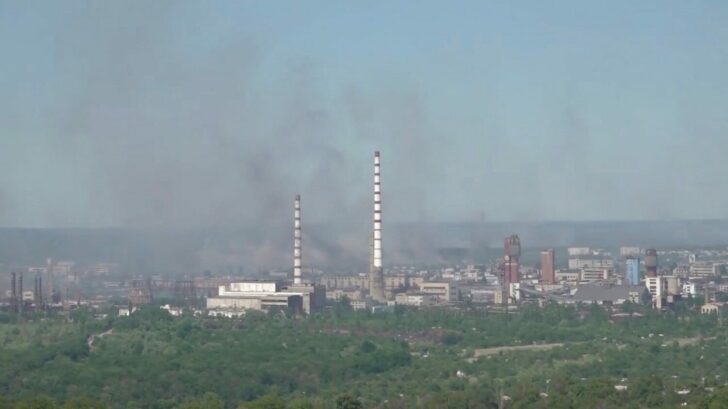 Black smoke billows over Sievierodonetsk Azot chemical plant as Russia's invasion on Ukraine continues, in Sievierodonetsk