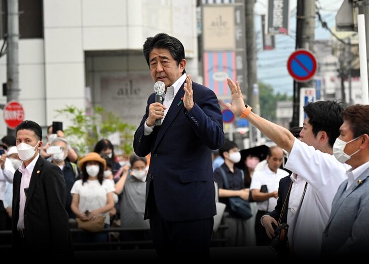 Former Japanese Prime Minister Shinzo Abe makes a speech before he was shot from behind by a man in Nara