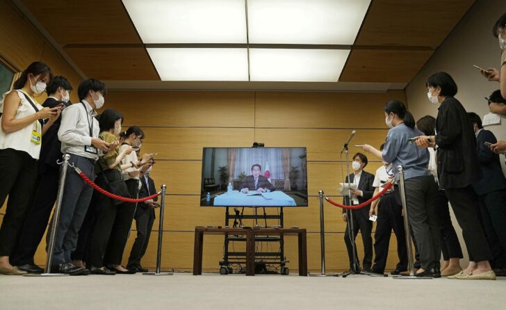 Japan's Prime Minister Fumio Kishida answers remotely a question from reporters, after he tested positive for COVID-19, in Tokyo