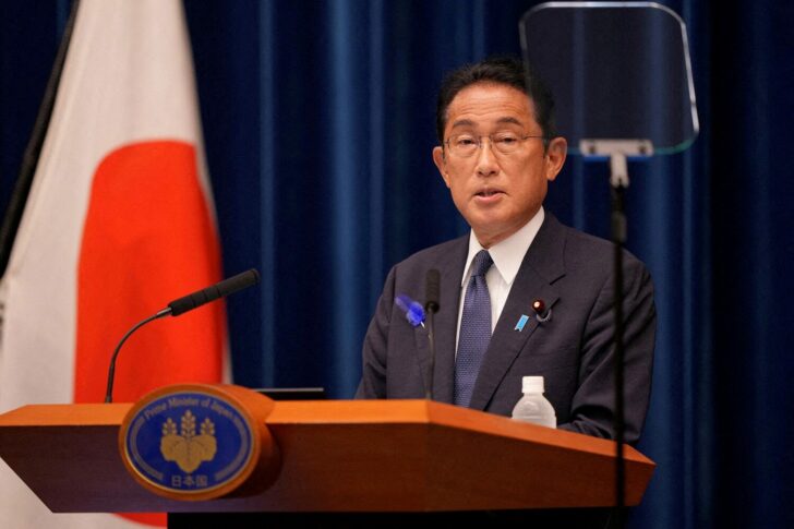 FILE PHOTO: Japan's Prime Minister Fumio Kishida delivers a speech at his official residence in Tokyo