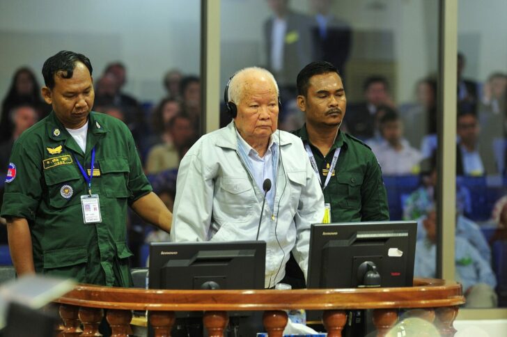 Former Khmer Rouge head of state Khieu Samphan is seen inside the courtroom of the Extraordinary Chambers in the Courts of Cambodia (ECCC) as he awaits a verdict, on the outskirts of Phnom Penh,