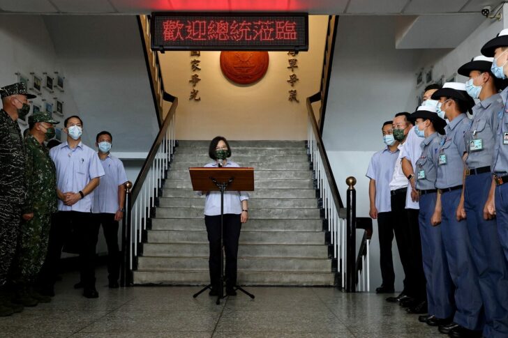 Taiwan President Tsai Ing-wen gives a speech at a navy base in Penghu Islands,