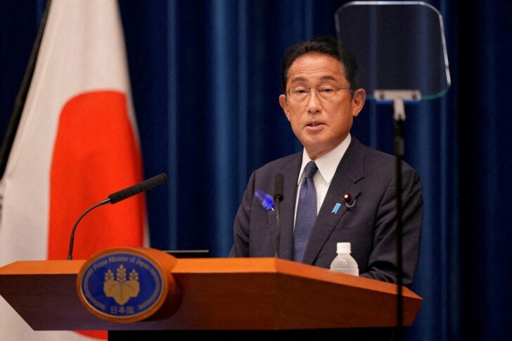 FILE PHOTO: Japan's Prime Minister Fumio Kishida delivers a speech at his official residence in Tokyo