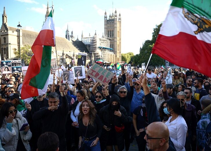 People protest in London against the Islamic regime of Iran following the death of Mahsa Amini