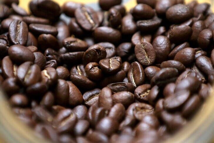 Roasted coffee beans on display in Bogota, Colombia